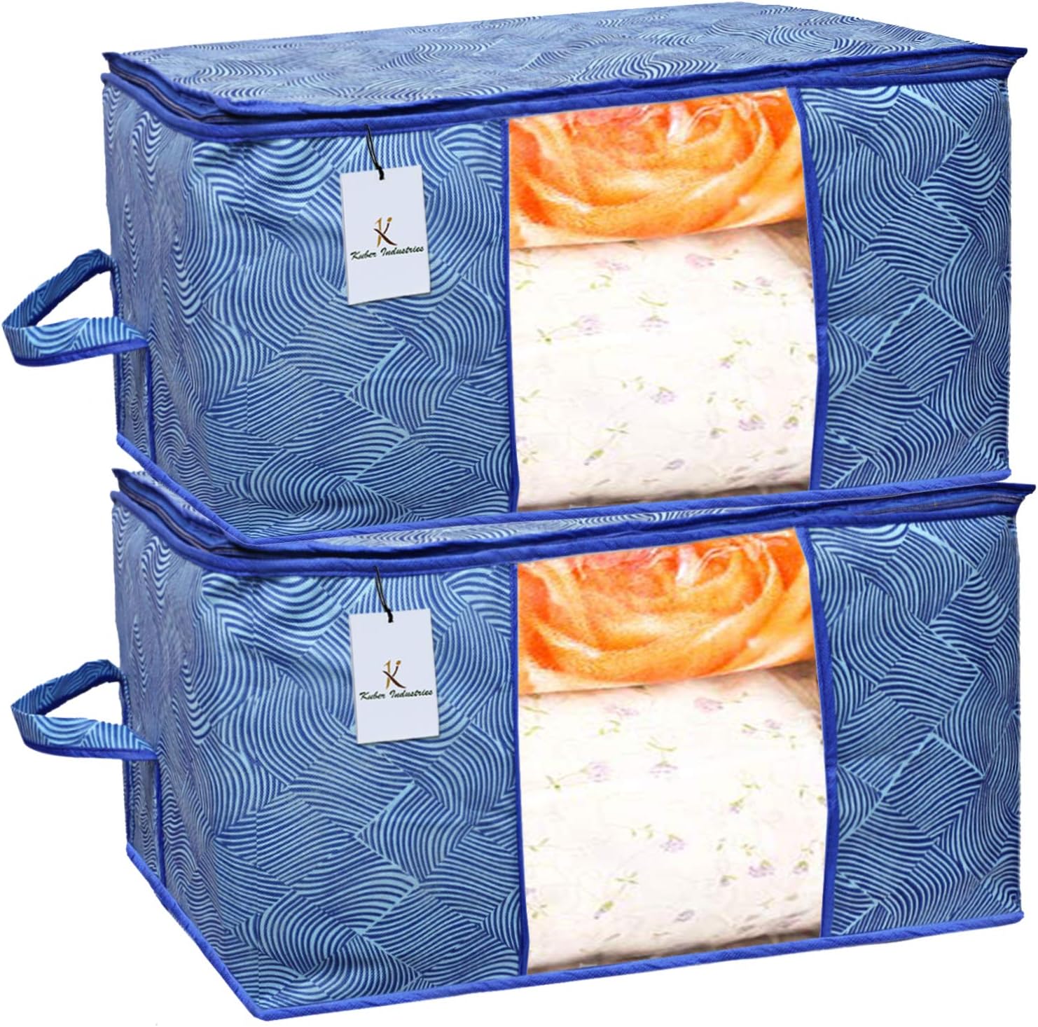Kuber IndustriesRectangular Leheriya Design Underbed Bag|Storage Organiser|Blanket Cover|Extra Large Size, Pack of 2 (Royal Blue, NonWoven)