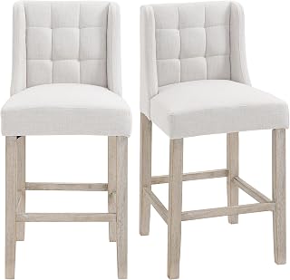 HOMCOM Set of 2 Bar Stools Modern Kitchen Chairs Bistro Stool Bar Stools for Kitchen with Backrest, Dish Stool Linen Touch Rubber Wood Beige 47 x 50 x 101 cm