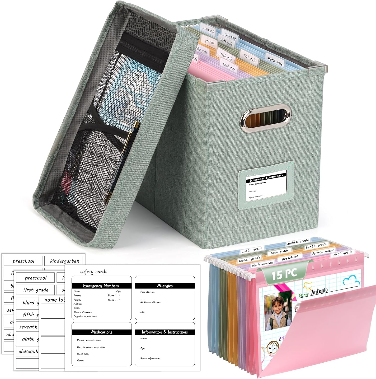 DOSTATNI School Years Organizer Kit K-12 School Years Memory Keeper with 15 Hanging File Folders Plastic 4 different Labels Memory Keepsake Box for kids Storage Pictures File Keeper (Green)