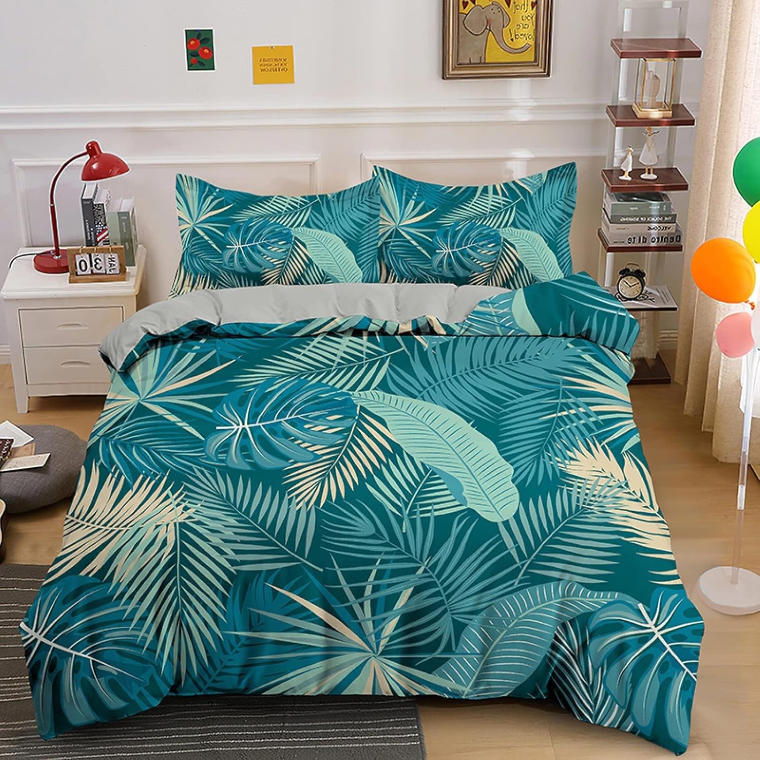 Housse de couette 200x200 fermeture éclair parure de lit 2 personnes motif feuillage