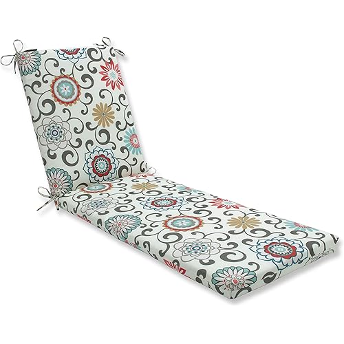 Pillow Perfect Floral Indoor/Outdoor Solid Back Chaise Lounge Cushion with Ties Plush Fiber Fill, Weather, and Fade Resistant, 80" x 23", Blue/Brown Pom Pom Play
