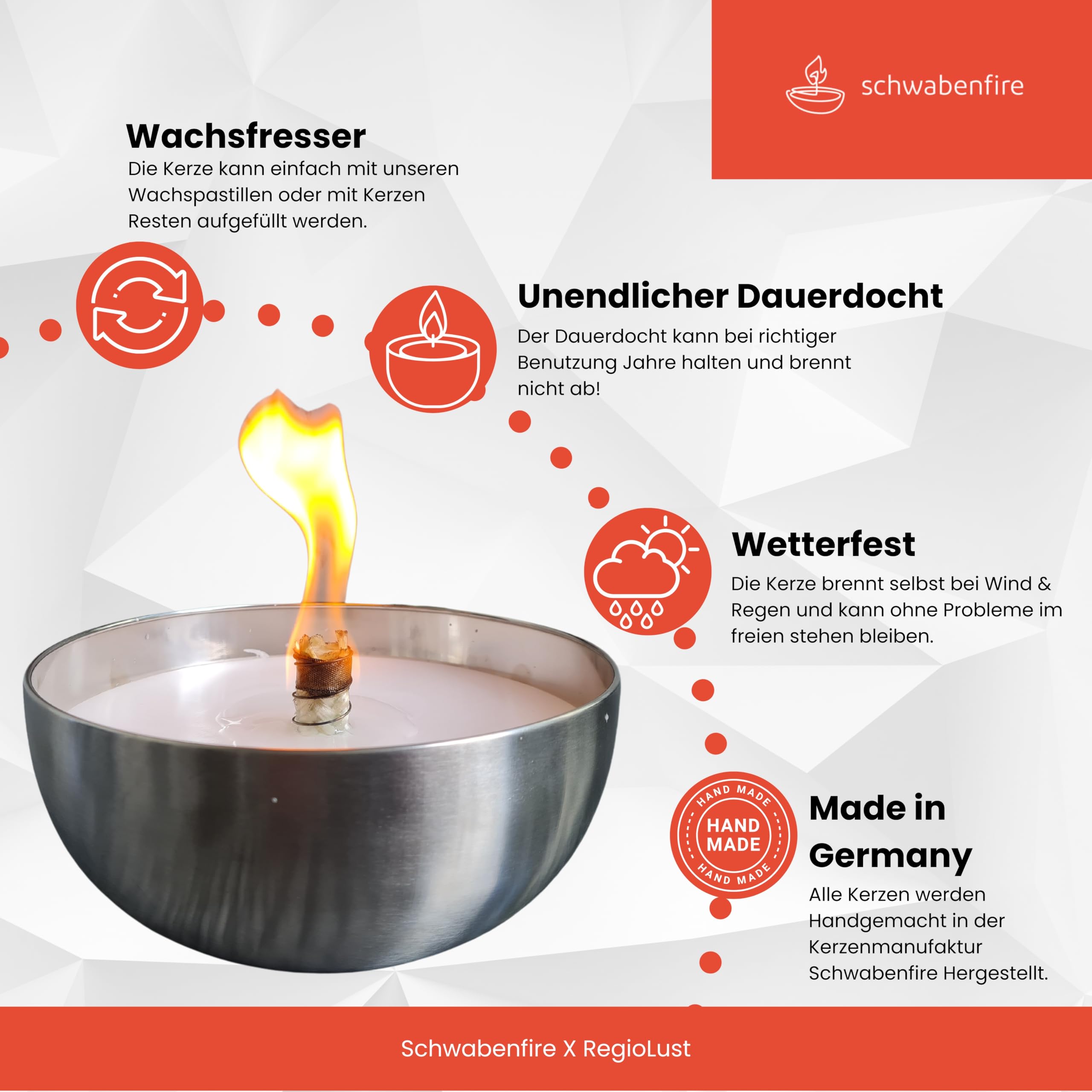 Schwabenfire XL Outdoor Kerze mit Dauerdocht in Edelstahl Schale 23,5cm Balkondekoration Outdoorkerze wiederverwendbar Geschenke für Frauen Schwabenfeuer große Kerze 100% Handgemacht in Deutschland