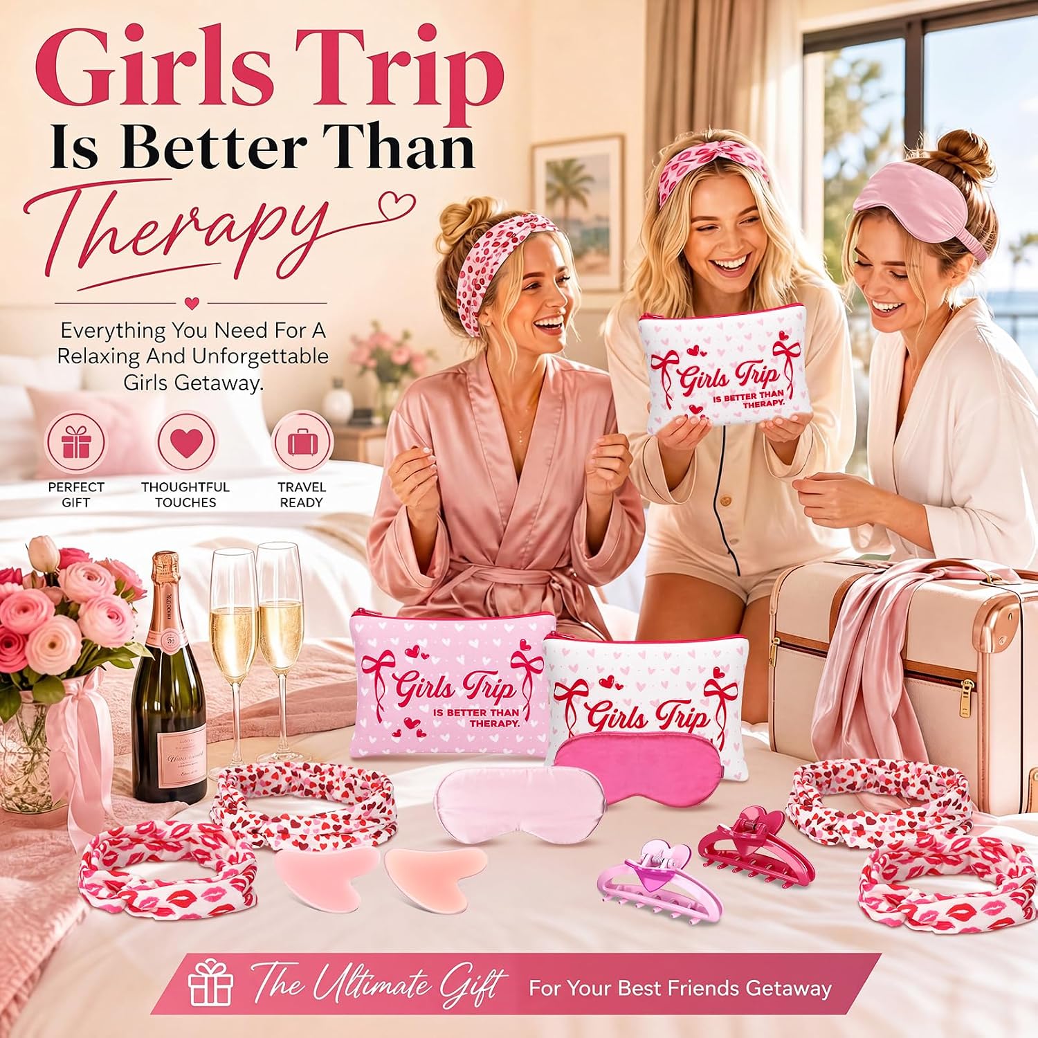 Shinylin 30 Pcs/ 6 Sets Girl Trip Gifts Favors for Women 2026 Girls Weekend Gifts Travel Makeup Bag Eye Mask Spa Gua Sha Tool Hair Clips Headband Friendship Weekend Party Gift for Bestie Friend Sister