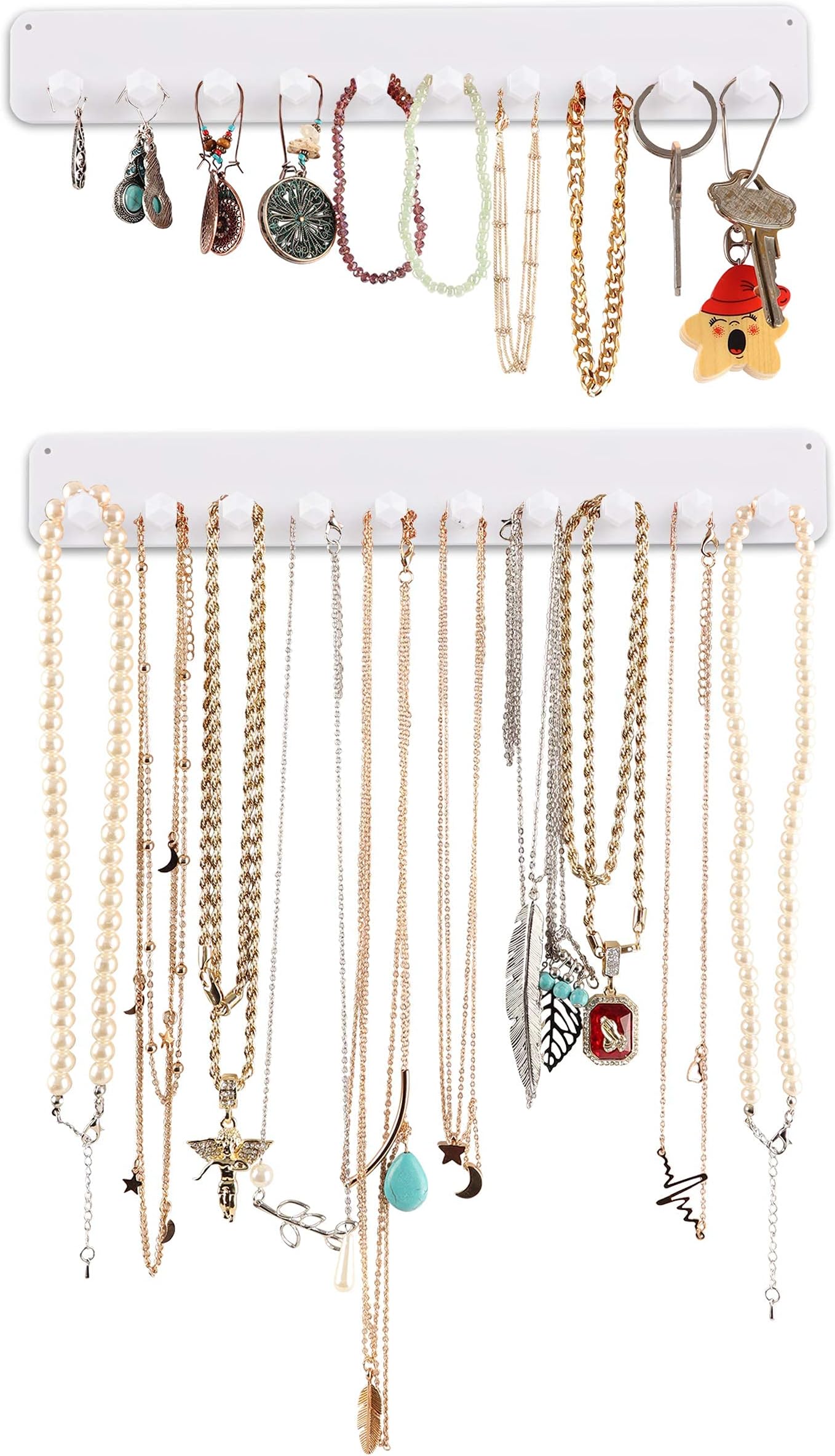 Boxy ConceptsBoxy Concepts Necklace Organizer - 2 Pack - Easy-Install 10.5"x1.5" Hanging Necklace Holder Wall Mount with 10 Necklace Hooks - Beautiful Necklace Hanger also for Bracelets, Earrings, and Keys (White)