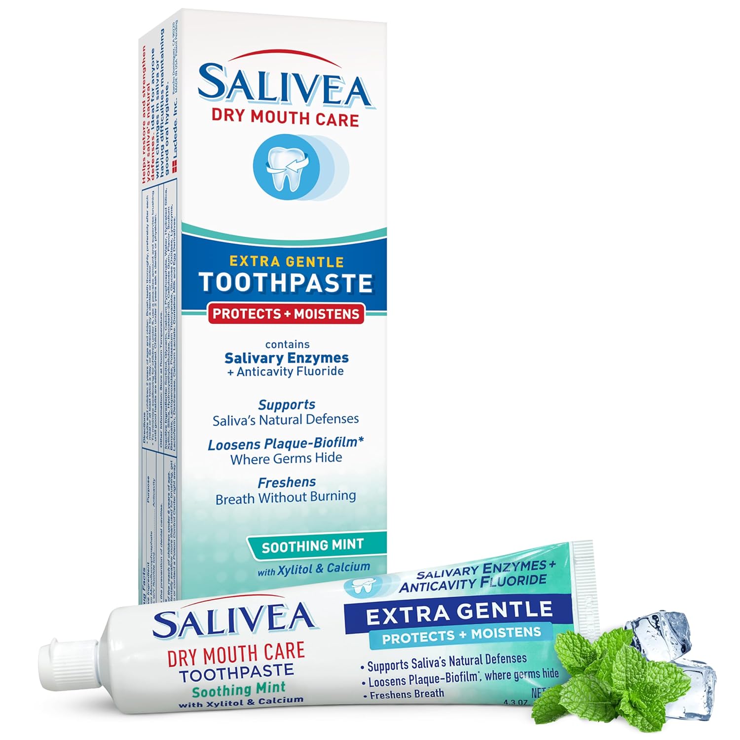 SALIVEA Pasta de Dente Suave para Cuidado da Boca Seca, Tubo de 121 g, Anticáries com Fluoreto, Enzimas Salivares Naturais, Vitamina E e Aloe Vera, Limpa, Hidrata e Refresca o Hálito