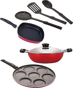 Nirlon Aluminium Nonstick Coated 6 Pcs Set of Deep Kadhai-22cm,Grill Pan-22.5cm,Uttapam-7 Cavity & 3 Spoon 2.6mm_DKDM_GP22.5_UP7_3SPN