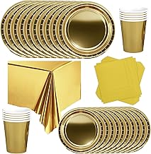 POPOYU 69 x Gold Disposable Birthday Tableware, Paper Plates, Cups Napkins for Christmas Parties, Children's Tableware, Barbecue Parties, Picnics (16 Guests)