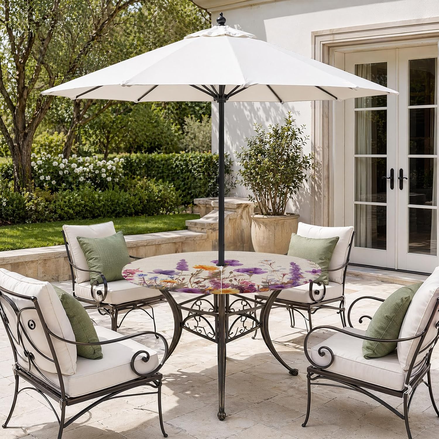 Spring Floral Waterproof Outdoor Tablecloth with Umbrella Hole and Zipper,Round Fitted Table Covers with Elastic,Farmhouse Pastoral Summer Botanical Patio Table Cloth for Party Fits 45"-54" Tables image 3
