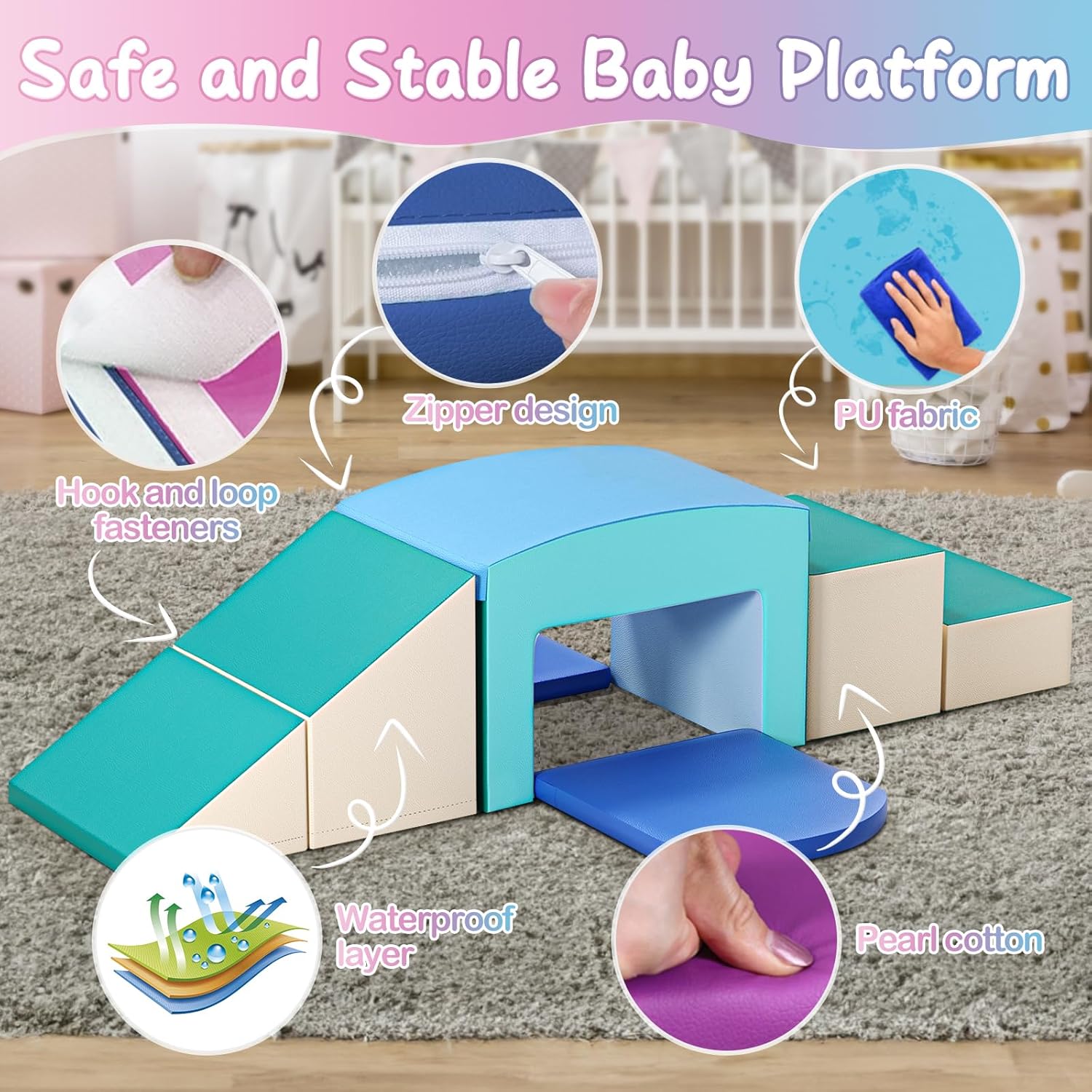 Foam Climbing Blocks for Toddlers - Soft Play Set for Toddlers 1-3 - Climbing Toys - Baby Climbing Gym Foam - with Slide Stairs and Tunnel - Great for All Ages (6 Pc Blue Soft Play Area Set)
