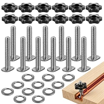 12 Sets of 1/4"-20 T Track Bolts and Knobs Kit, T-Track Accessories Include T-Slot Bolts, Washers and Star Knobs for T-Tracks Woodworking and Fixtures