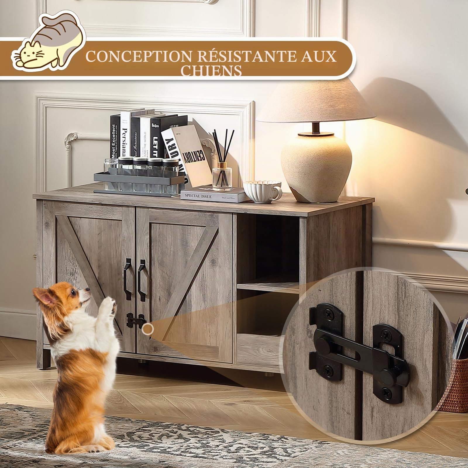 FOREST GRAVITY Cat Cabinet Armoire à Chat Litter Box Middle Cat Furniture Modern 105 * 50 * 60 cm Maison pour Chat avec Porte et cloison séparée Grey
