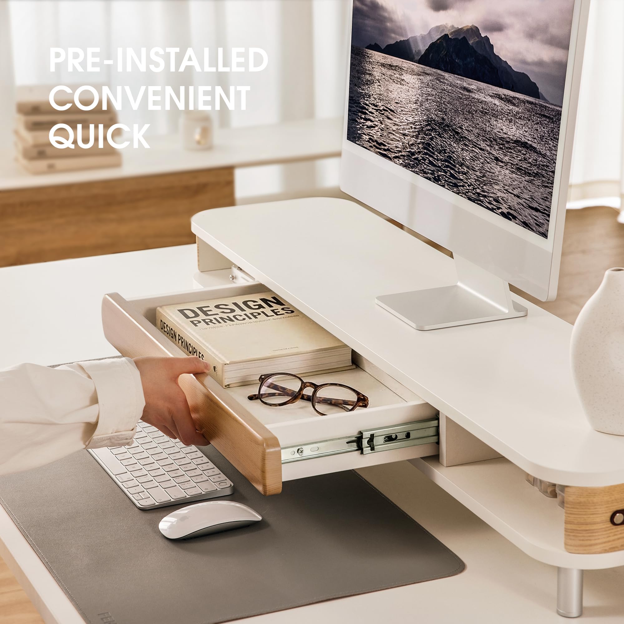 Fenge Alzata Monitor Doppio con Cassetto, Organizzatore Scrivania 108cm, Maniglia in Pelle, Ripiano per PC/Stampante/TV, 108×25×15,7cm, Capacità Max 35KG (Bianco)