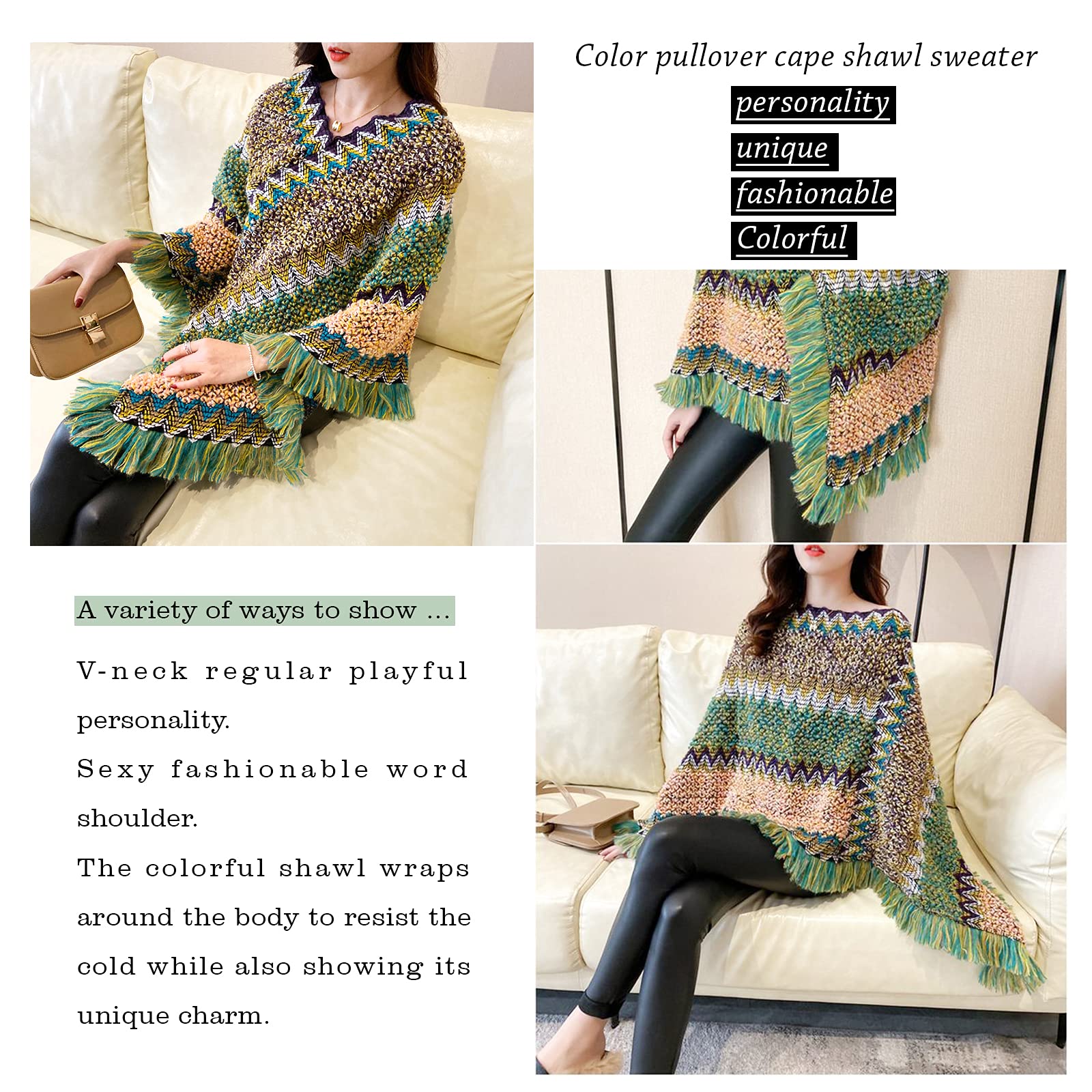 Poncho à franges pour femme - Col en V - Ample - Sans manches - Ourlet irrégulier - Décontracté