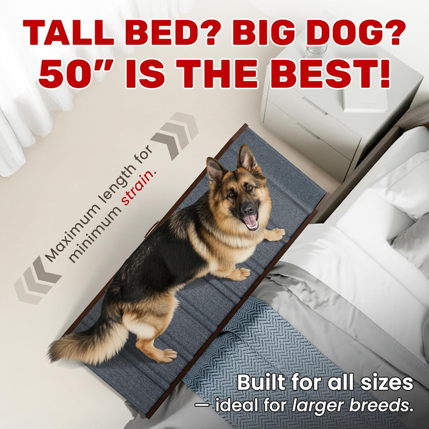 Adjustable Dog Ramp - 50" L x 18.5" W Ramp for Large Dogs to Get on Bed with 6 Incline Levels & Non-Slip Traction Carpet - Also Ideal for Medium & Large Breeds (Walnut) Walnut 50" - Heavier & Larger Dogs