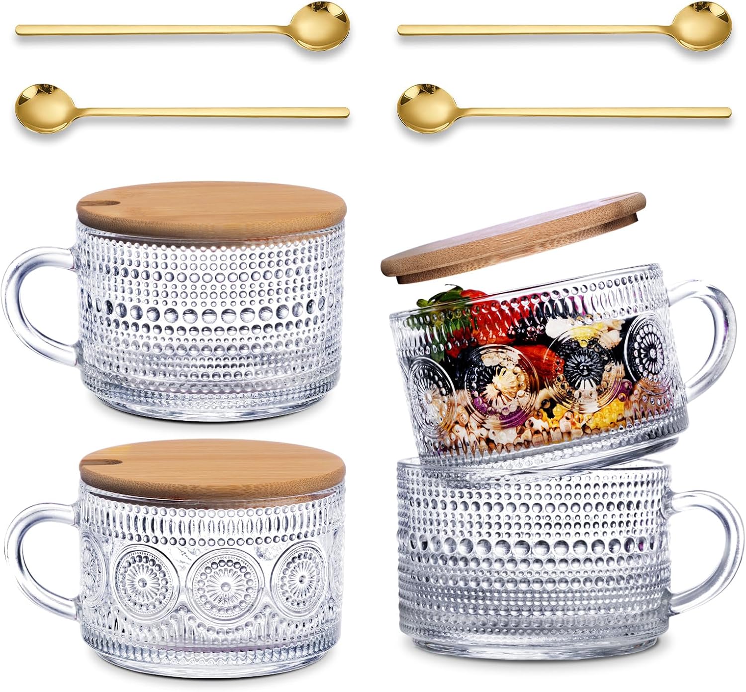 Ollieroo 4pcs Coffee Cups,Vintage Coffee Mugs, Overnight Oats Containers with Lids and Spoons, 14oz Coffee Glasses, Drinkware Set for Iced Coffee,Yogurt,Milk,Tea,Coffee Bar Accessories,Amber
