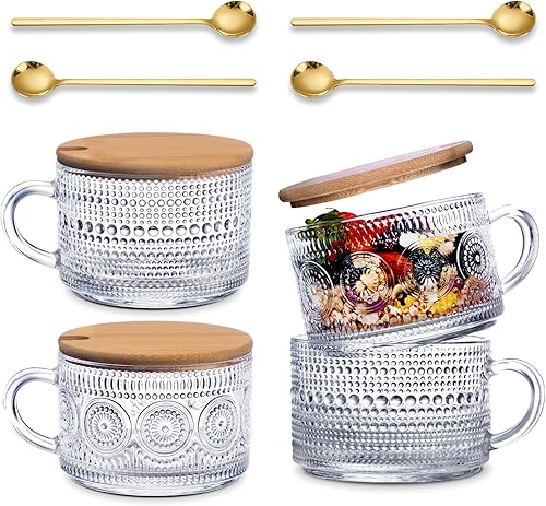 Miniatura 8 de Ollieroo 4 tazas de café, tazas de café vintage, recipientes de avena durante la noche con tapas y cucharas, vasos de café de 14 onzas, juego de