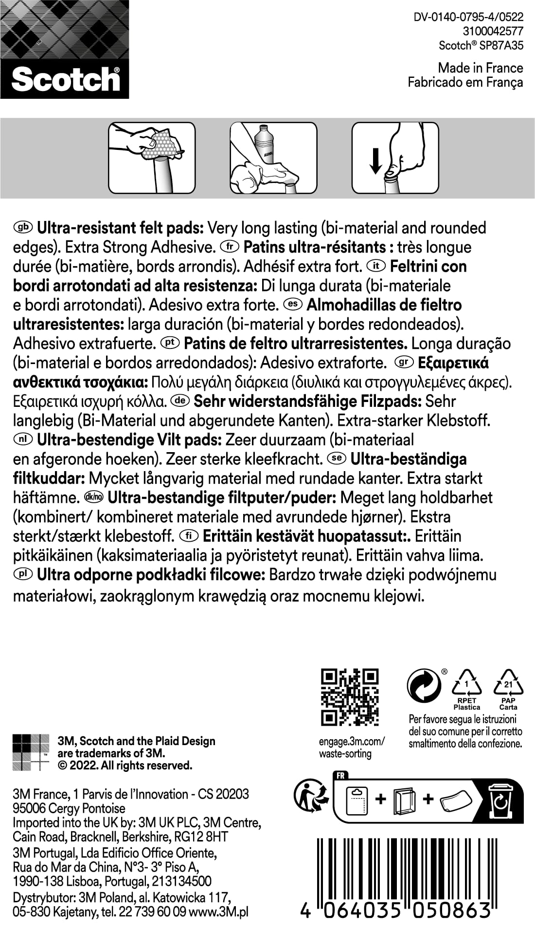 Scotch Ultra odporne podkładki filcowe SP87A35, samoprzylepne, szare/klejowe, białe, Ø 25 mm, 8 sztuk w opakowaniu