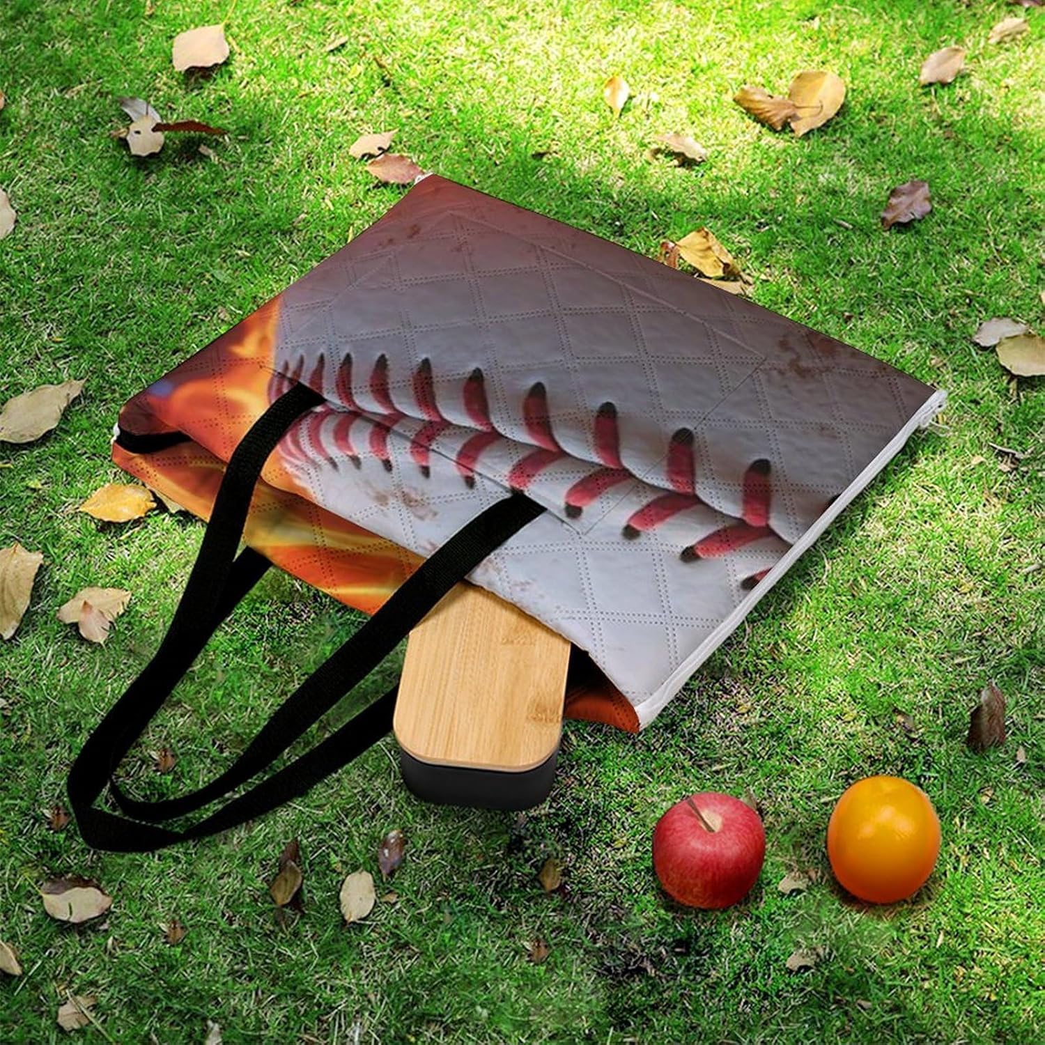 Baseball on Fire Picnic Blanket 150x100cm, Foldable 2-in-1 Picnic Mat and Tote Bag Portable Waterproof Beach Mat Sandproof Outdoor Blanket for Park, Hiking, Beach, Camping, Travel