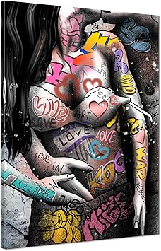 Sexy Couples Pictures Wall Decor Graffiti Wall Art Colorful Sexy Women Posters Canvas Prints Artwork Modern Bedroom Bathroom Home Decor, Framed 24 x 36inch