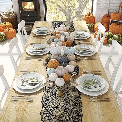 Miniatura 2 de Juego de manteles de Halloween, camino de mesa de encaje negro redondo de telaraña, cubierta de mesa de telaraña, mantel de chimenea, bufanda,
