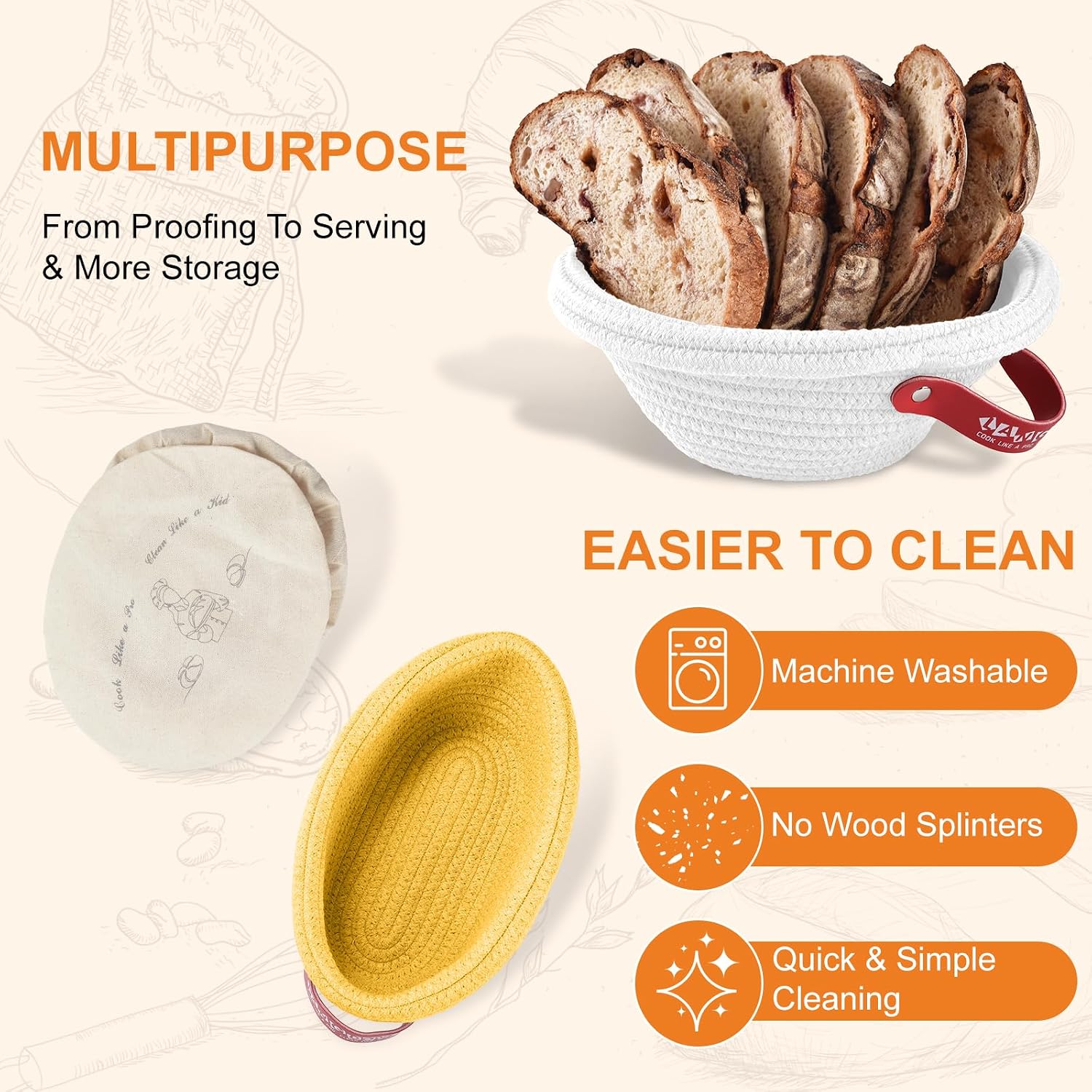 Banneton Bread Proofing Basket Set Made with Cotton Rope,Sourdough Starter Kit with Liners&Covers,bread basket for Artisan Baking, Round&Ova Sourdough Bread Baking Supplies Gift Set