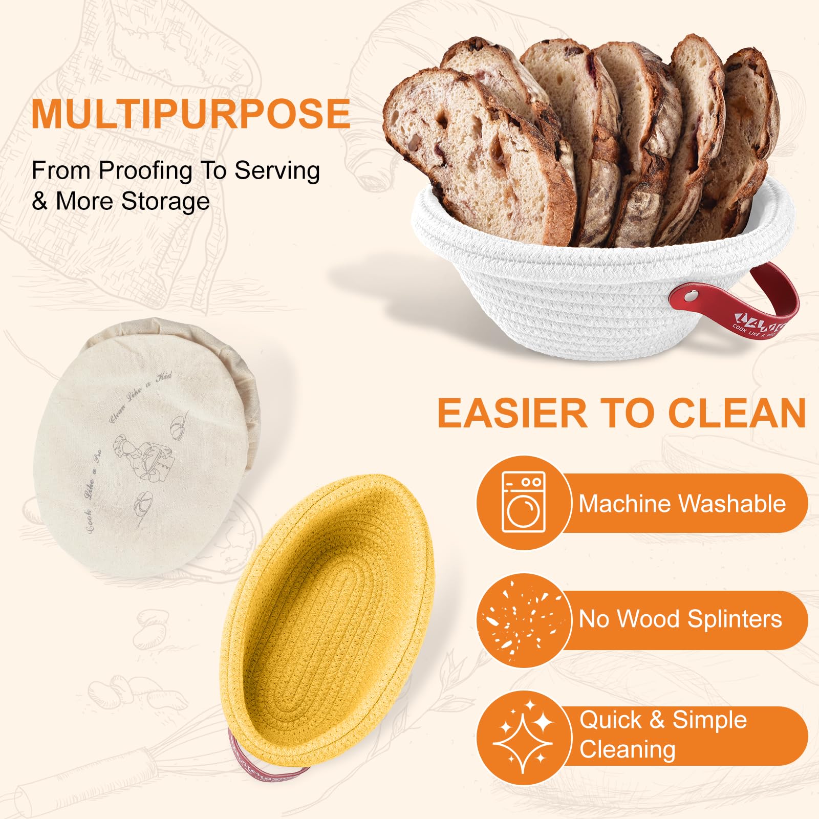 Banneton Brotgärkorb-Set aus Baumwollseil, Sauerteig-Starter-Set mit Einlagen und Abdeckungen, Brotkorb für handwerkliches Backen, rundes und ovales Sauerteig-Brot-Backzubehör, Geschenk-Set