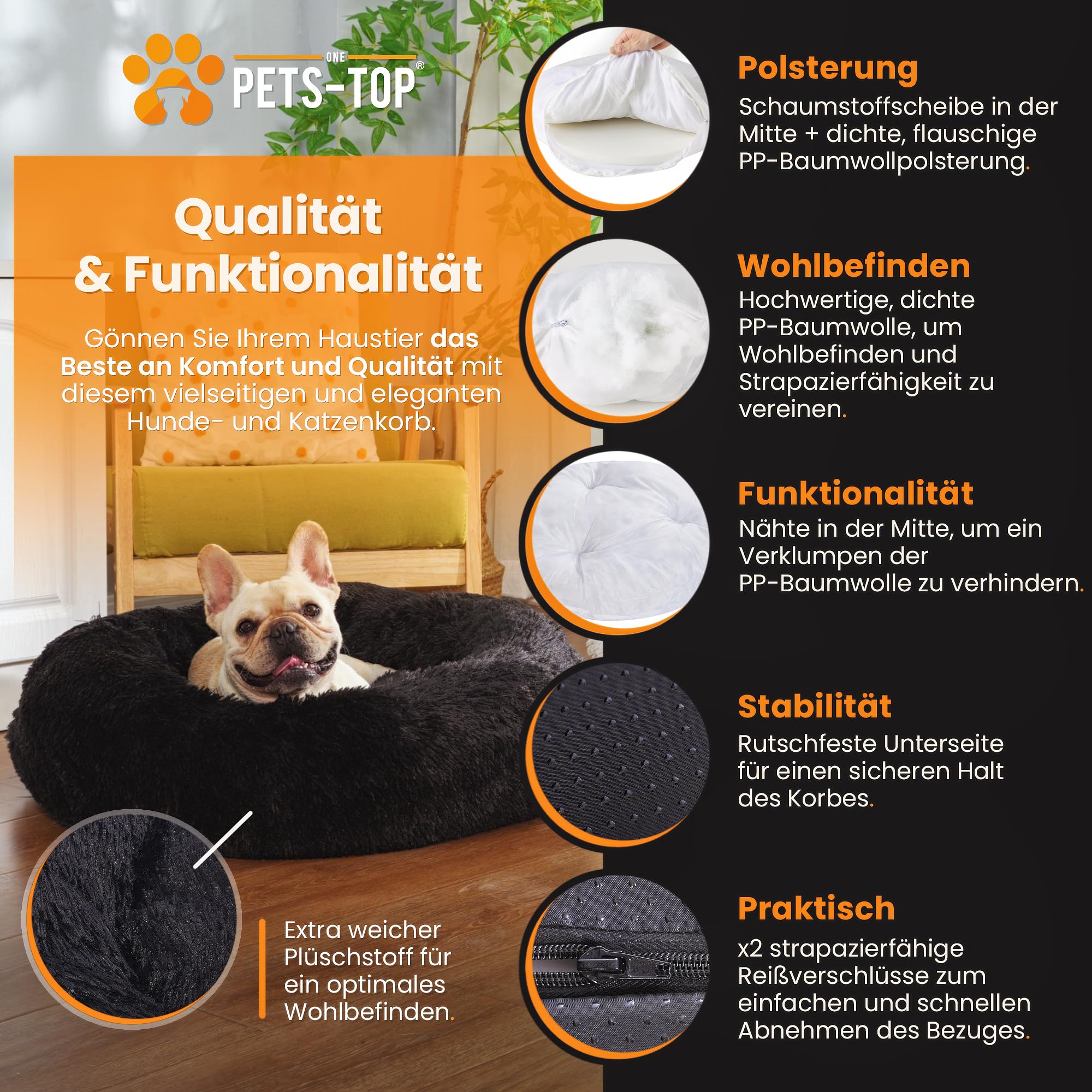 One PETS-TOP® Hundekörbchen Waschbar Fluffy – Donut Hundebett Flauschig mit Abnehmbarem Bezug – Hundebett Rund für Kleine & Große Hunde – Hundekissen Waschbar Anti-Stress – 115 cm Schwarz