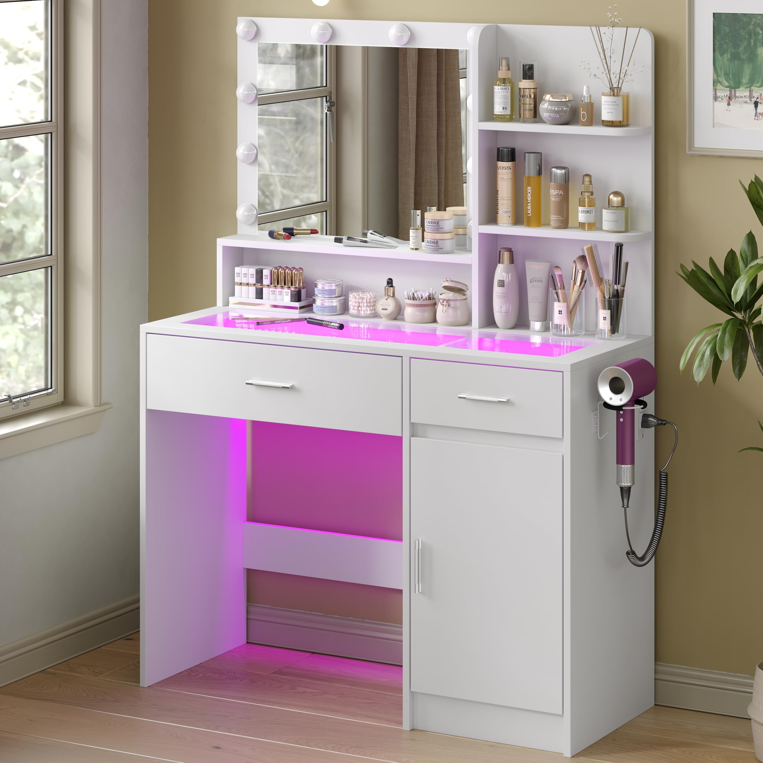 White Vanity Desk with Mirror and Lights, Vanitys with Glass Top & Power Outlet, Dressing Table with 36 Lighting Modes Brightness Adjustable RGB Drawers, for Women Girls Bedroom (White)