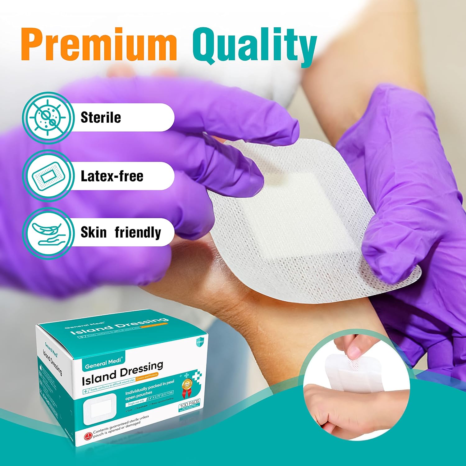General Medi Sterile Island Dressing Bordered Gauze – 100 Count, 2.4" x 2.75" Gauze Pads, Wound Care Pad with Adhesive Border - Sterile, Soft & Highly Absorbent Medical Grade Dressing Pad