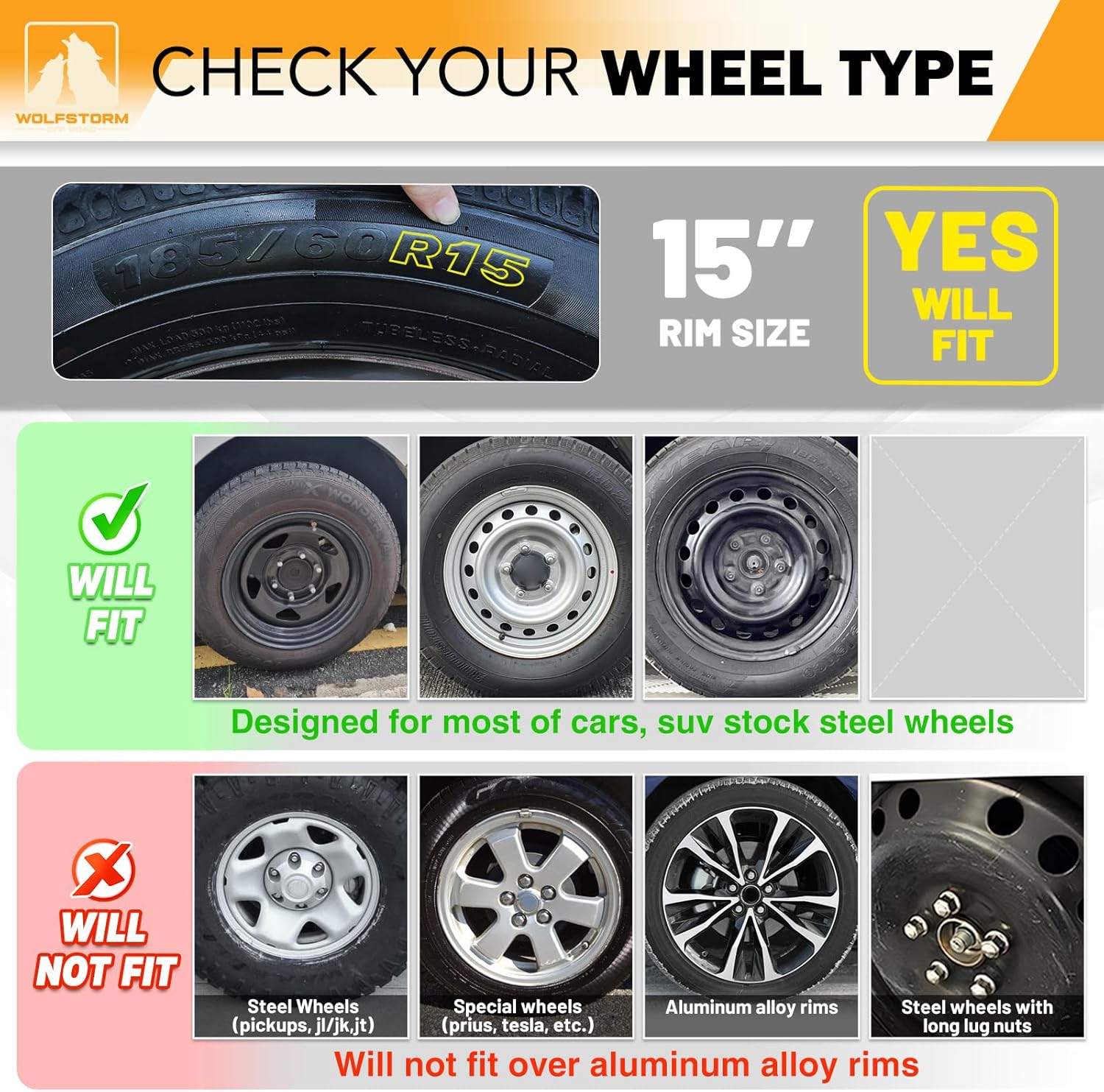 WOLFSTORM 15" Wheel Rim Covers Universal Hubcaps, Fashion Style Hubs Snap on Car Truck SUV ABS Plastic Exterior Accessorios - Set of 4 (Regular Silver)