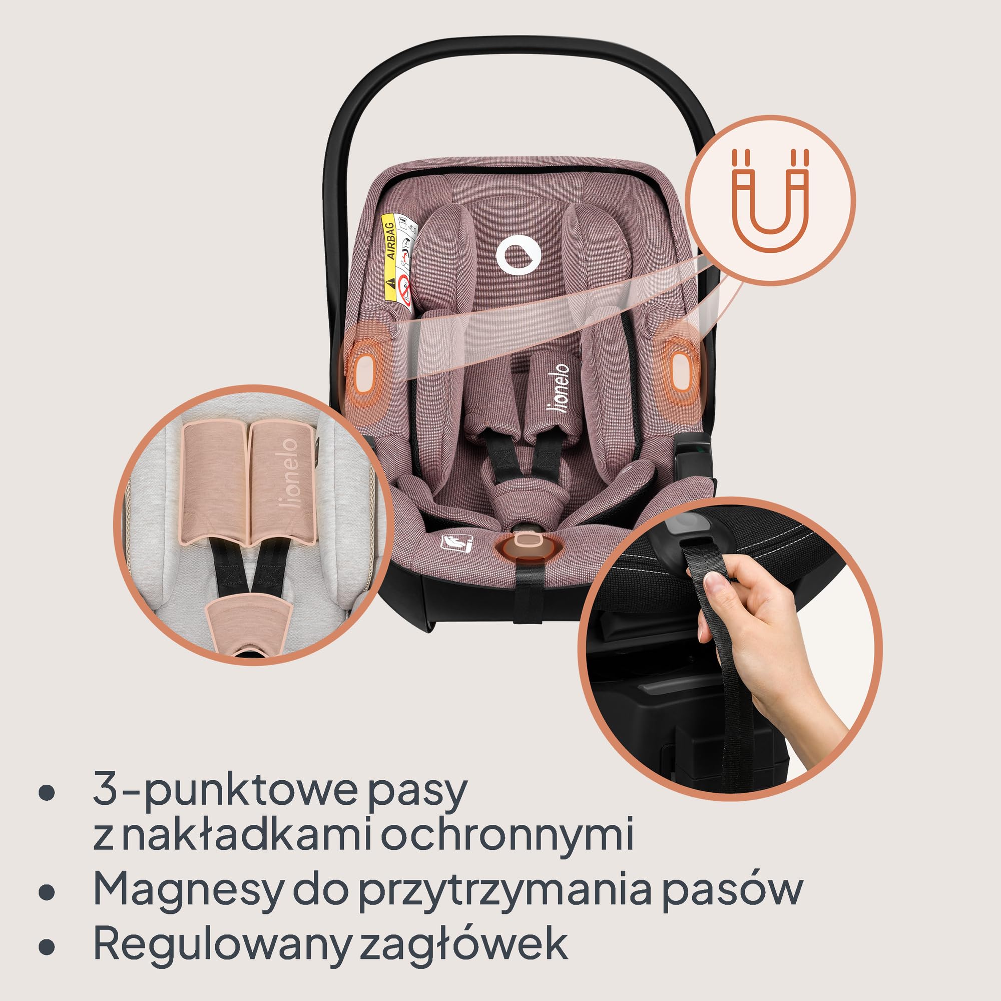 LIONELO MOXIE i-Size SET Fotelik samochodowy dla niemowląt z podstawą 40-87 cm Nosidełko dla niemowląt Mocowanie i stabilizacja ISOFIX Wsparcie stabilizujące ochraniacz boczny, regulacja zagłówka