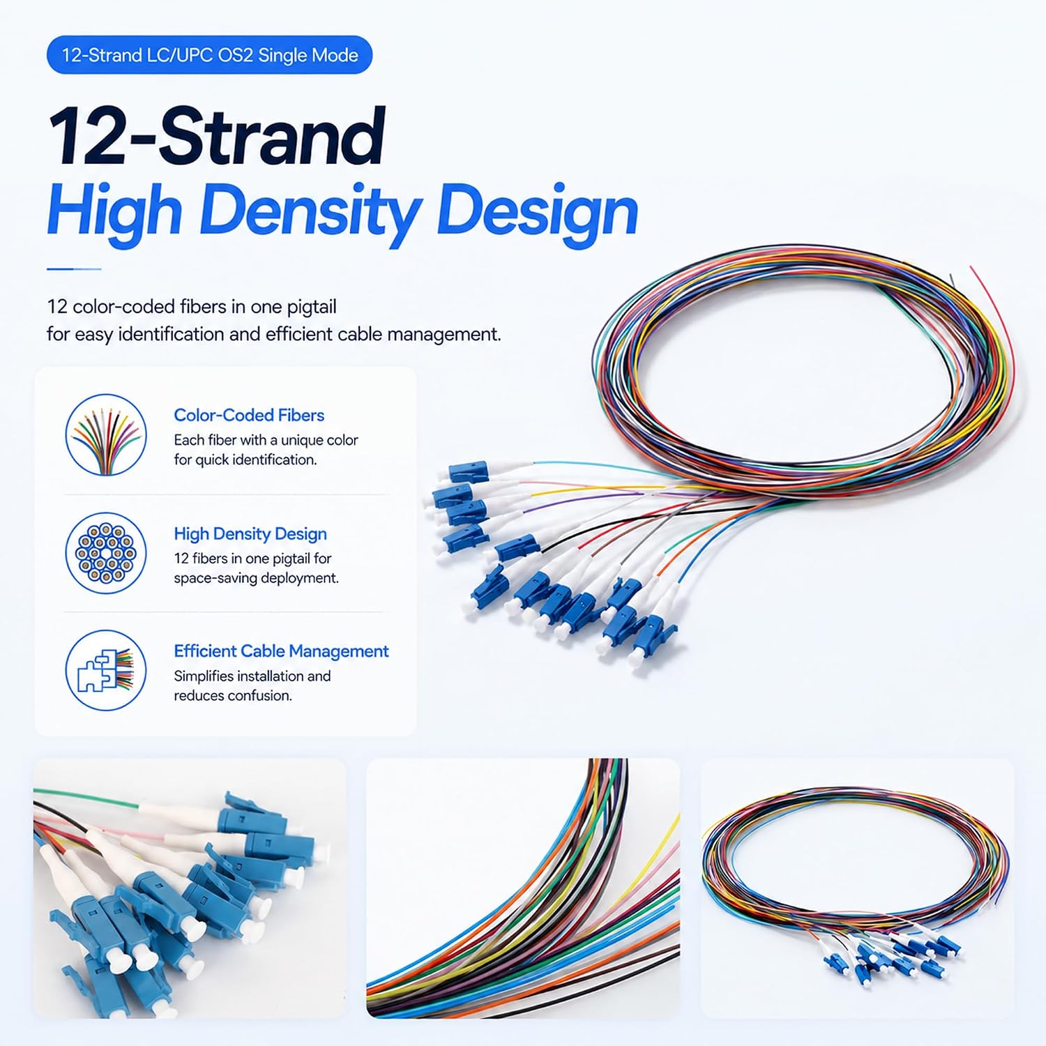 4 Sets 12-Strand LC/UPC Fiber Optic Pigtail, OS2 Single Mode 9/125μm 1.5M, Bundled Yellow PVC Jacket, TIA-598 Color-Coded 0.9mm Tight Buffer, Imported Ceramic Ferrule, for ODF FTTH Data Center CATV image 4