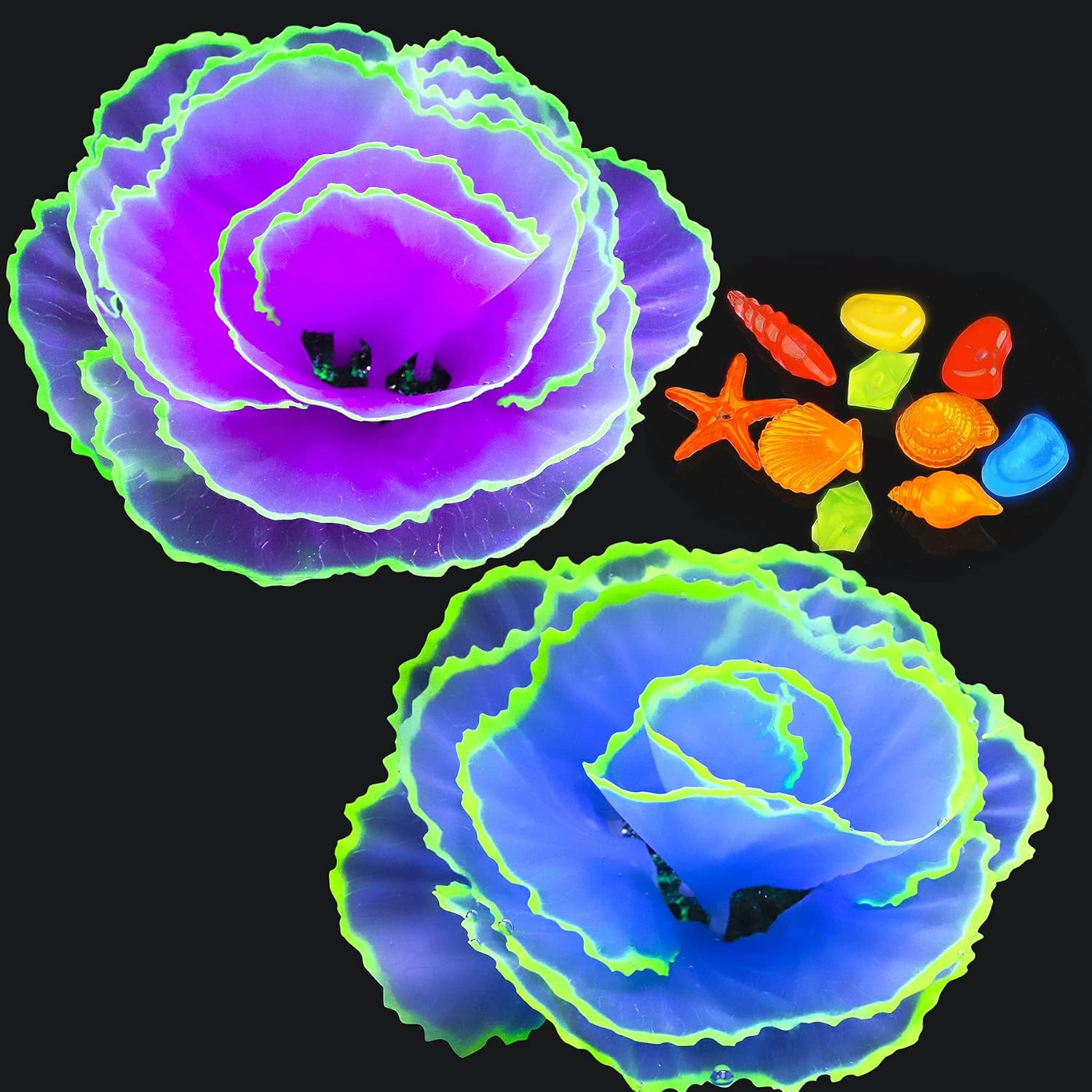 Glowing Fish Tank Decorations Glow Aquarium Decor Coral Ornaments, 2pcs Silicone Flower Plants and 10pcs Colourful Sea Shells/Luminous Stone Glow in The Dark for Aquarium Decoration