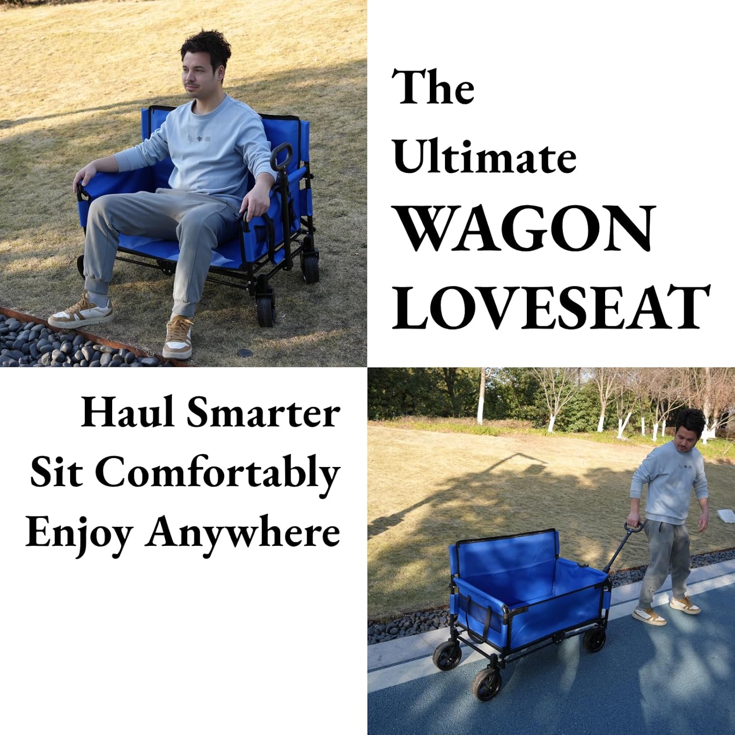 Beach Wagon Chair with Big Wheels for Sand, Foldable Cart That Converts into a 2-Person Sofa for Adults, 2-in-1 Wagon Bench Love Seat Combo (Blue, 7'' All-Terrain Wheel)