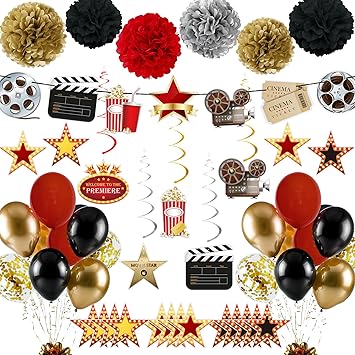 47 PCS Movie Party Decorations Kit Now Showing Banner Hanging Swirls Balloons for Movie Themed Wedding Bridal Baby Shower Birthday Parties