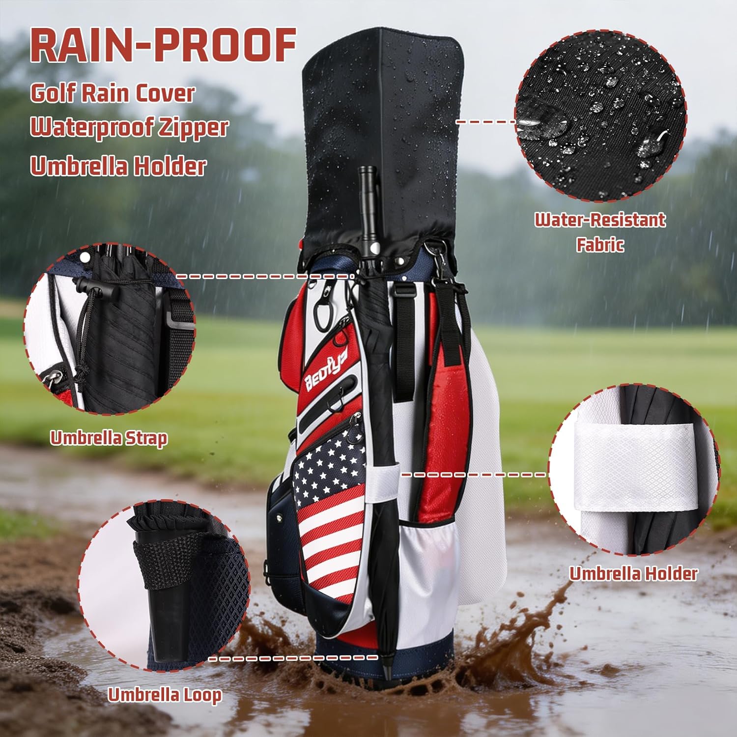 14 Way Golf Cart Bag with T Lock Top & Full Length Dividers, USA Flag Men's Golf Club Cart Bag Premium Cart Golf Bag with Cooler and Rain Cover