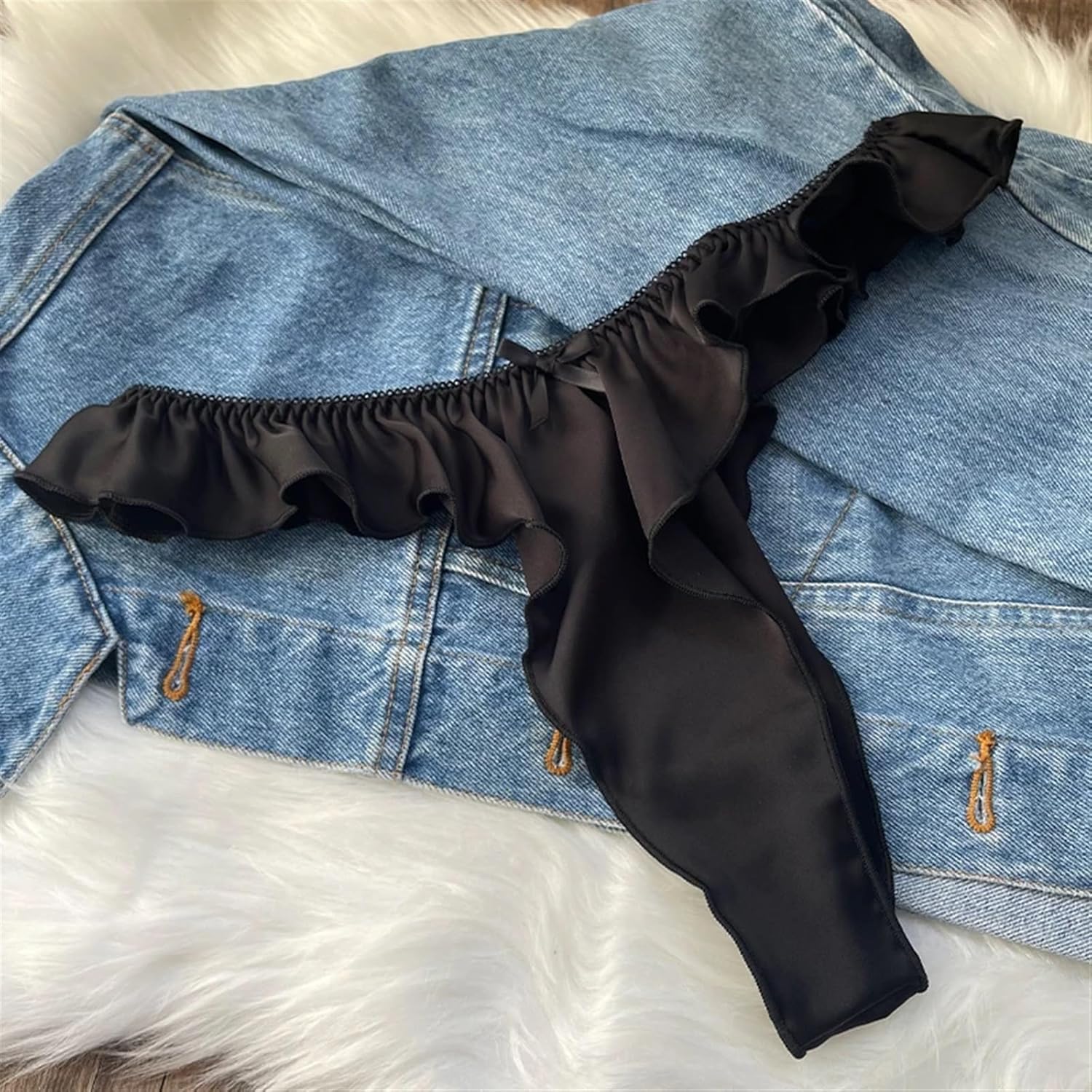 [FRINZA] サテン伸縮性パンティー（女性用）無地蝶ネクタイ付きスイートランジェリーレディースフリルローウエストTバックブリーフ