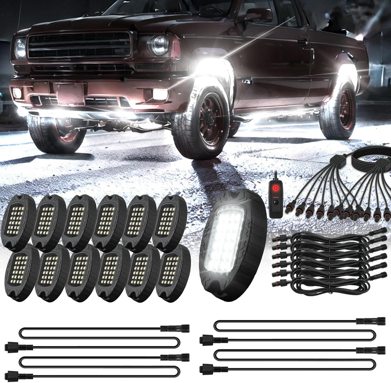 12 Pods Metal LED White Rock Lights and 4PCS 76.3 inch/6.56FT 2 Pin Extension Cable Wire Cord Set, Waterproof Alloy Pure White Neon Underglow Kits with Switch Extension Harness