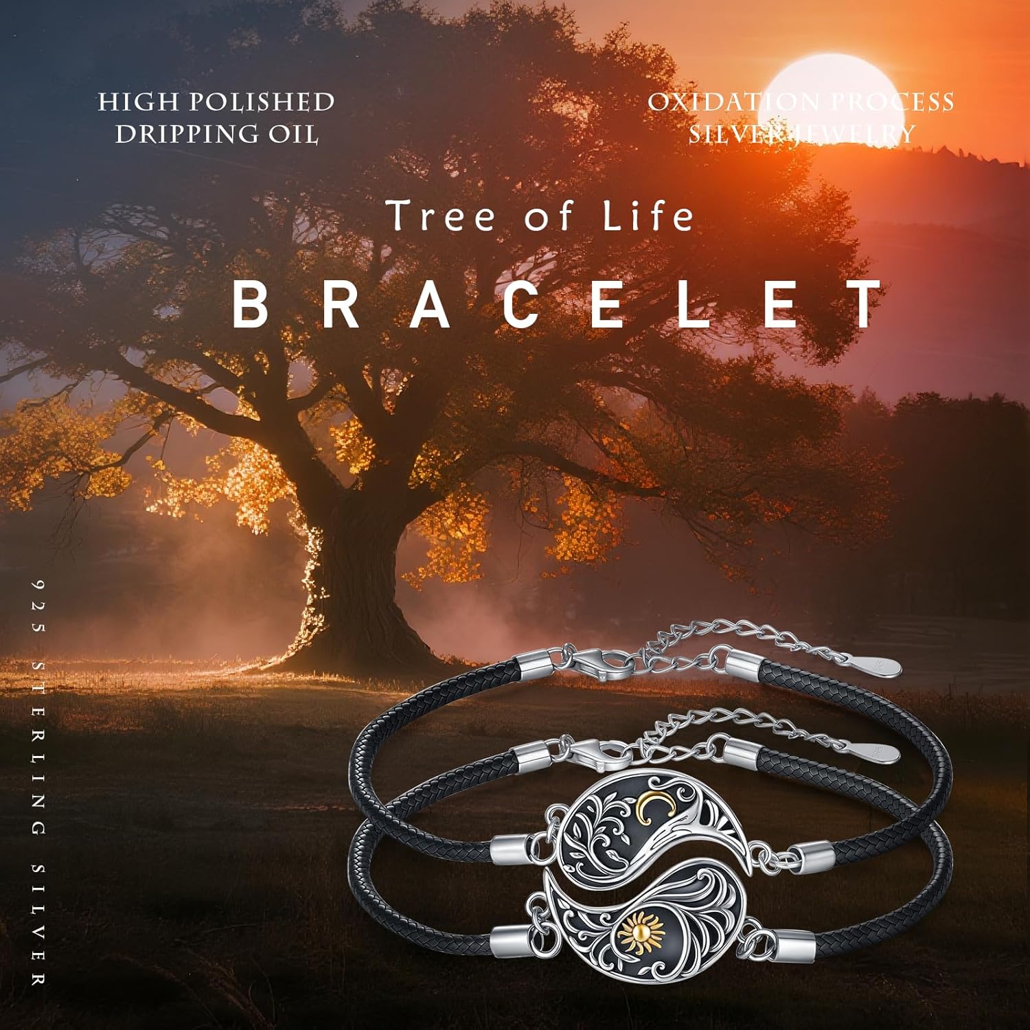 Yin Yang Bracelet 925 Sterling Silver Couple Friendship Bracelets Tree of Life/Sun Moon/Mountain/Lotus Abalone Jewelry for Women Men Couples, Leather Cord 7+2 in - Image 6