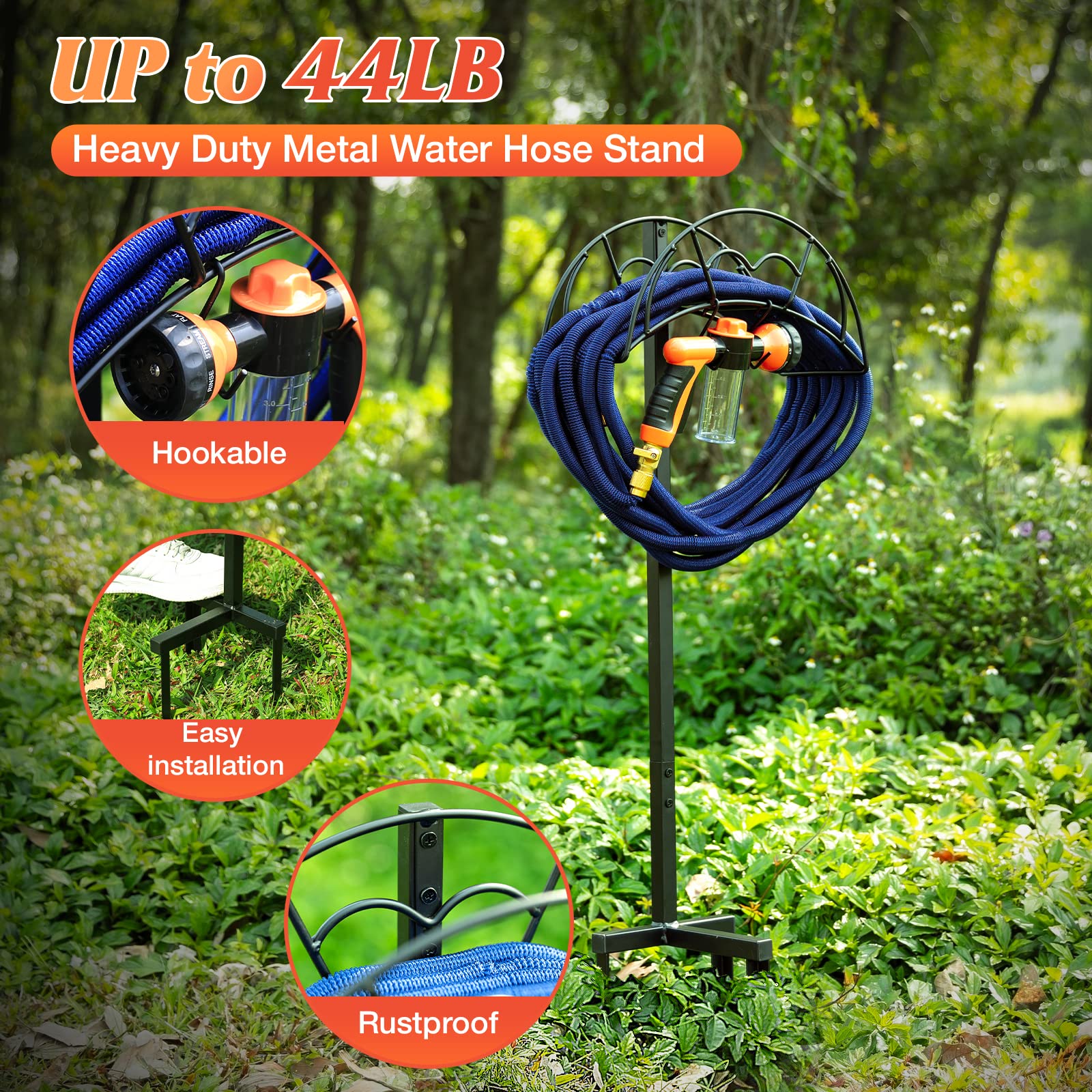 VyGrow Garden Hose Holder Freestanding, Heavy Duty Metal Water Hose Holders for Outside, Detachable Garden Hose Storage Stand Rack, Black