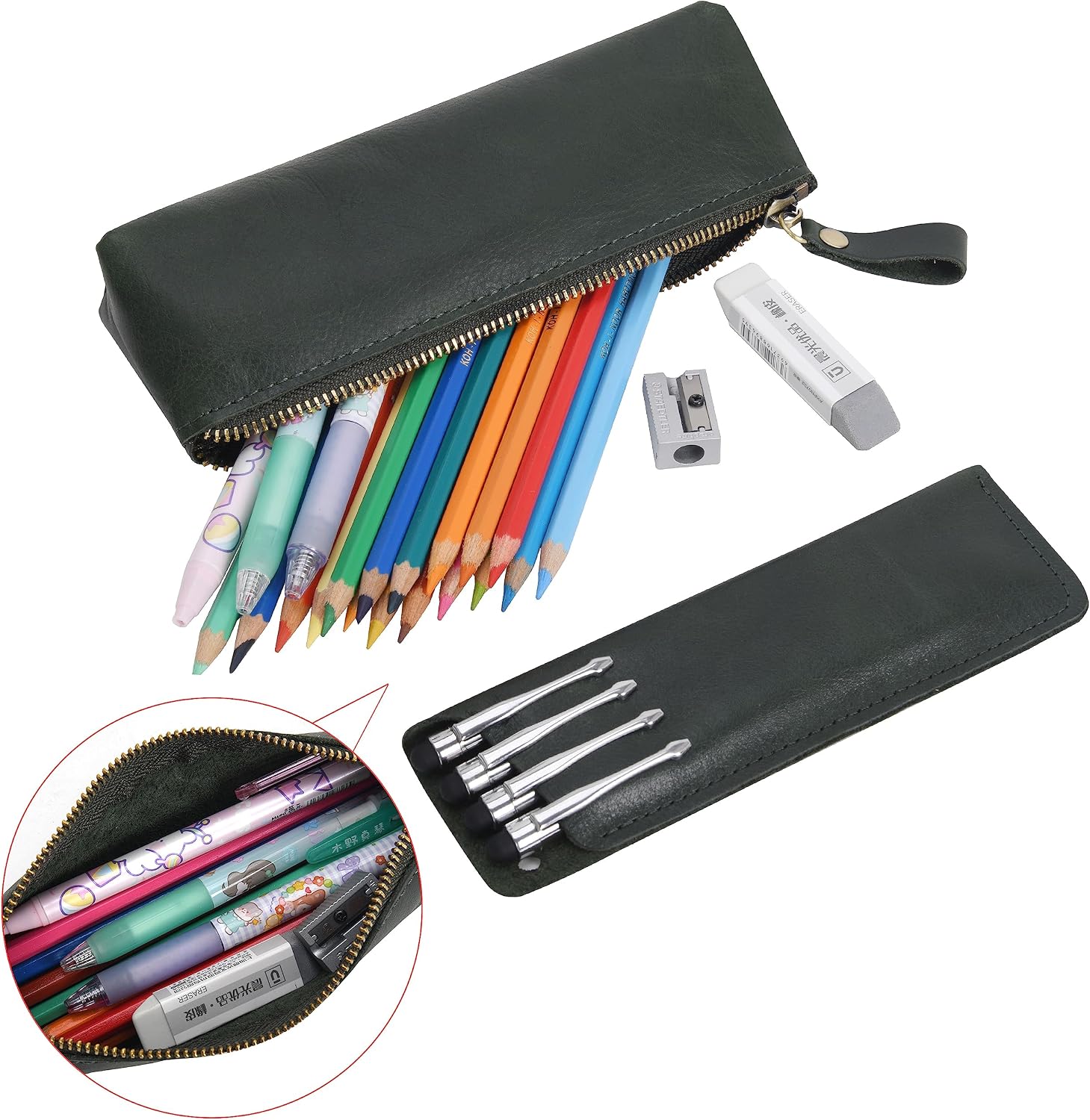 WONDERPOOL Pen Case 2pcs Genuine Leather Pencil Markers Holder Fountain Pen Drawings Pouch Portable Compact Stationery Bag for School Office Travel Organizer