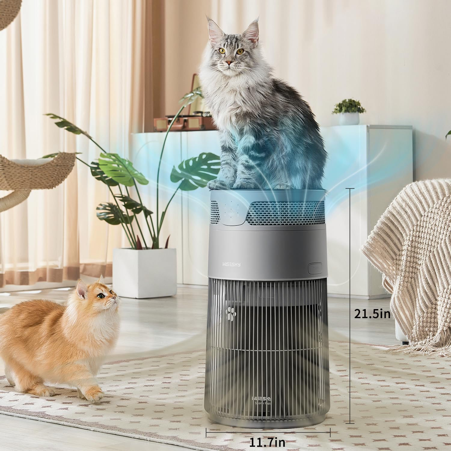 WISESKY Cat Air Purifier with Bite-Resistant Cord & Wide Grille, Pet Air Purifier for Home with 360° Air Intake | APP Control | Covers Up to 1644 Sq.Ft