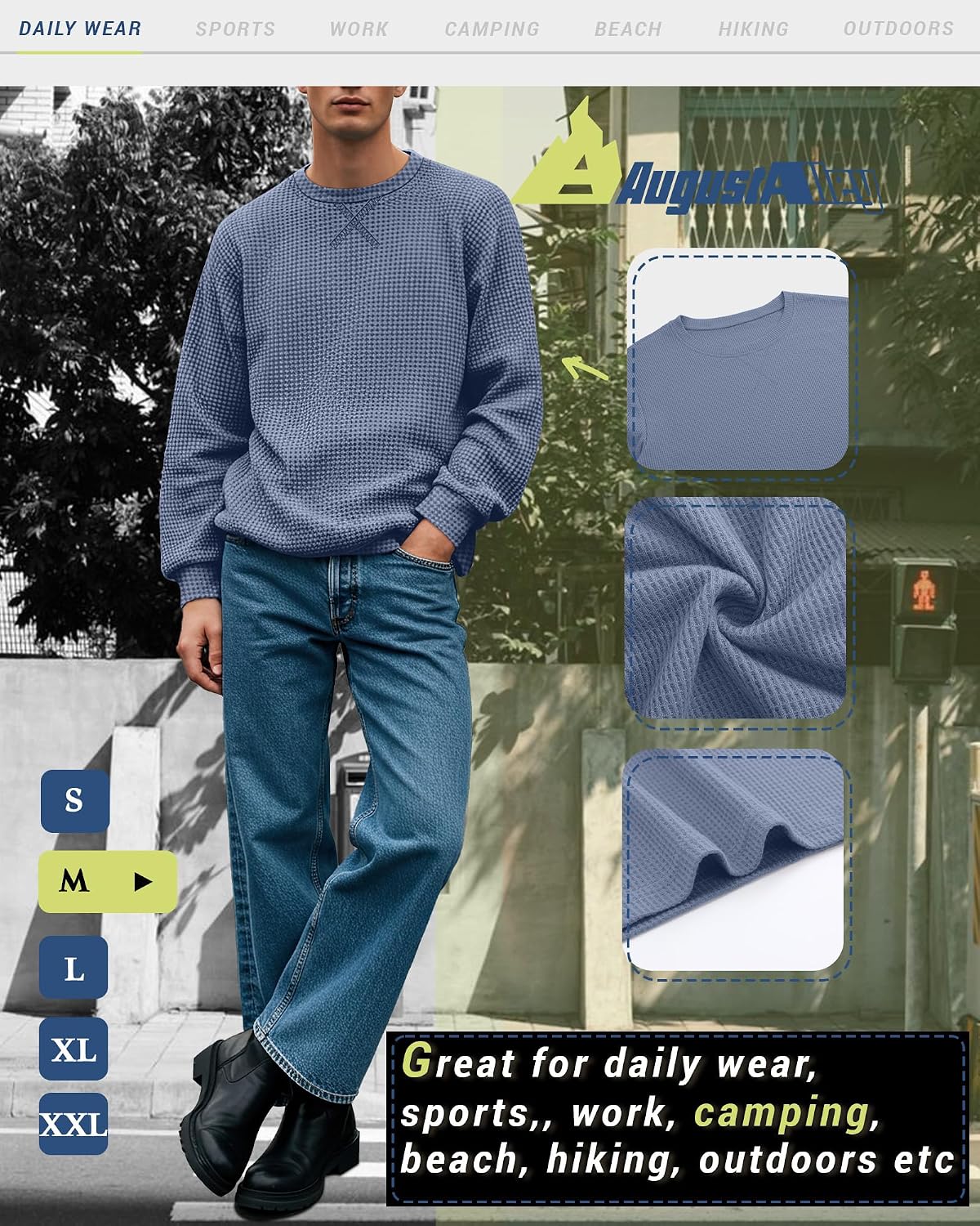 August Alley 3 Pack Men's Waffle Long Sleeve Shirts, Crew Neck Thermal Textured Underwear Tops Lightweight Pullover Sweaters
