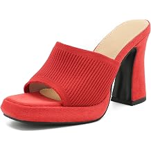 Womens Knit Platform Mule Sandals, Square Toe, Block Heel Slip-On Slides, Chunky High Heel Summer Shoes Red 46 - US 12