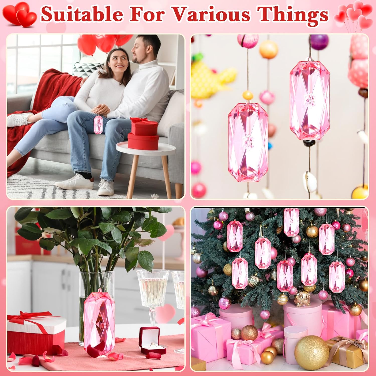 Syhood 4 Pack Jewel Valentines Ornaments 5.7 Inch Pink Jewel Ornaments for Christmas Tree Glitter Acrylic Valentine's Day Decorations for Tree Xmas Wedding Holiday Party Decor(Rhombus) - Image 4