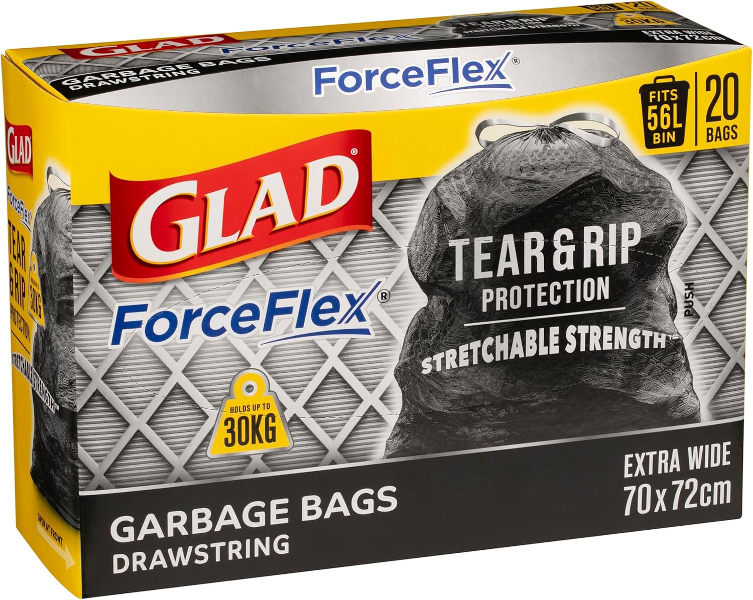 Glad Tuff Stuff Drawstring Trash Bags with ForceFlex Stretchable Strength, Fits 56L Bin, 20 count
