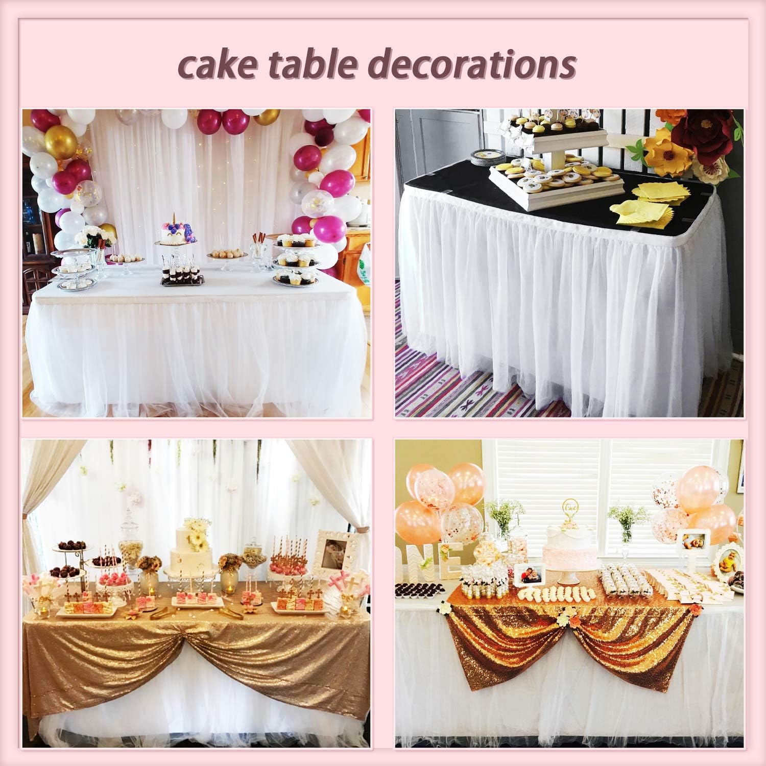 Holiday Deals 🛒 Suppromo 9ft White Table Skirt Tulle Tutu Table Skirt for Rectangle or Round Table Tableware with Gold Trim Table Cloth for Wedding Baby Shower Birthday Party Decoration(L9(ft) H 30in)