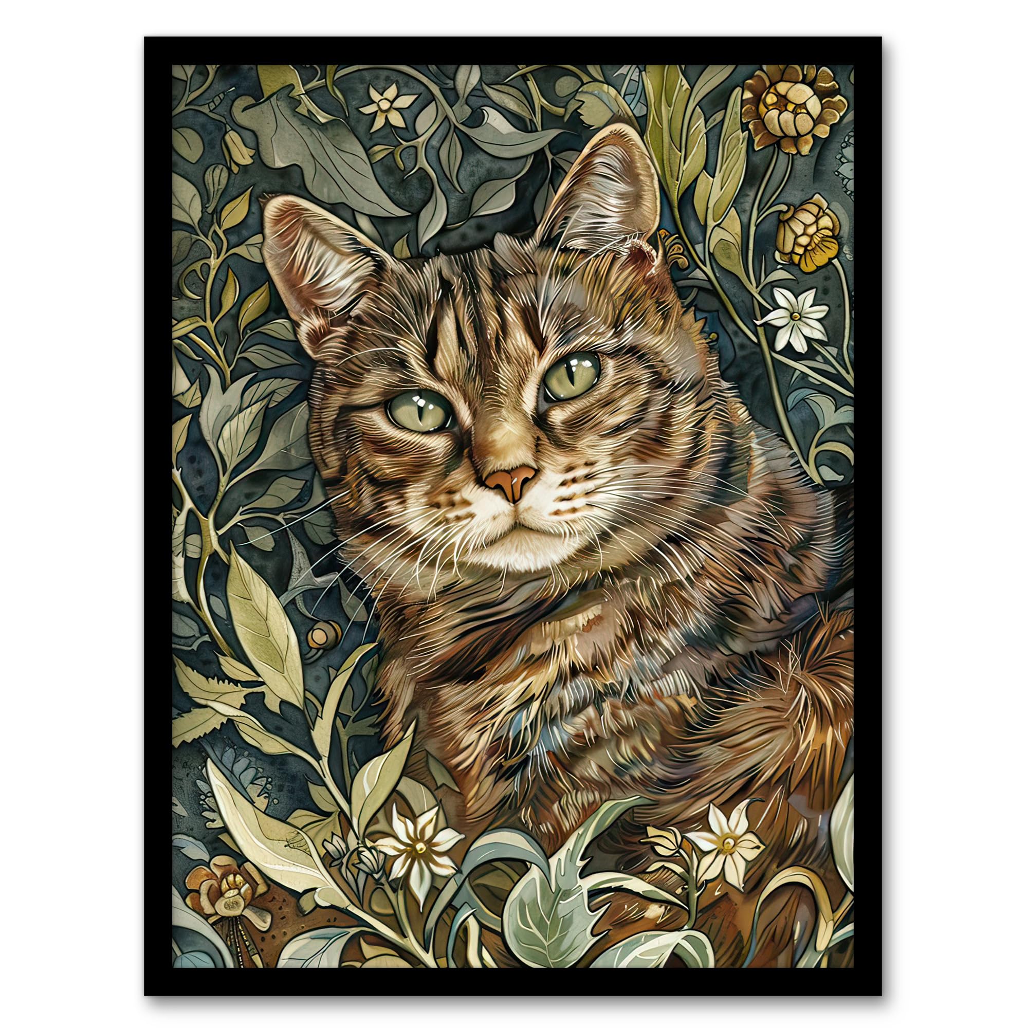 Artery8 Cat Lover Moggie Pet Hiding in Wildflower Field Living Room Artwork Framed Wall Art Print A4