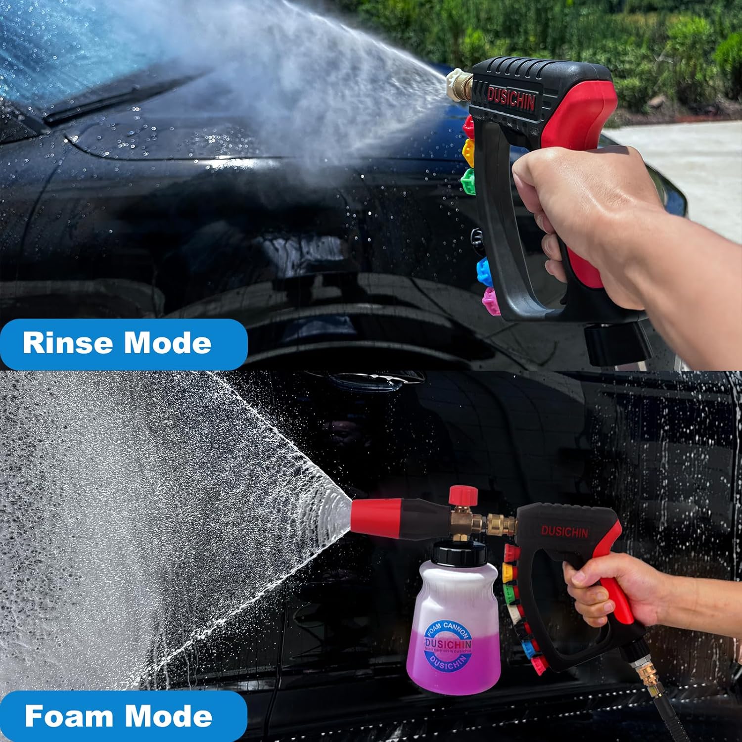 DUSICHIN Short Pressure Washer Gun Swivel Joint 4000 PSI Foam Cannon Lance,7 Pressure Washer Nozzle Tips Car Wash Foam Gun 7 Tip Slots 3/8'' Swivel Quick Connector,M22-14mm M22-15mm Fitting DUS2912