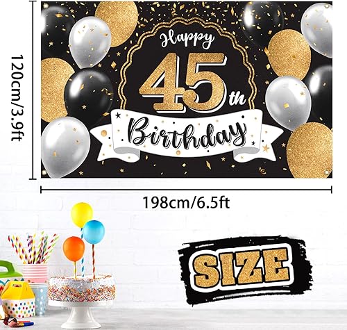 Miniatura 2 de Decoración de feliz cumpleaños 45, globo negro y dorado número 45, cartel de fondo grande de cumpleaños  Decoración de fiesta de cumpleaños de 45